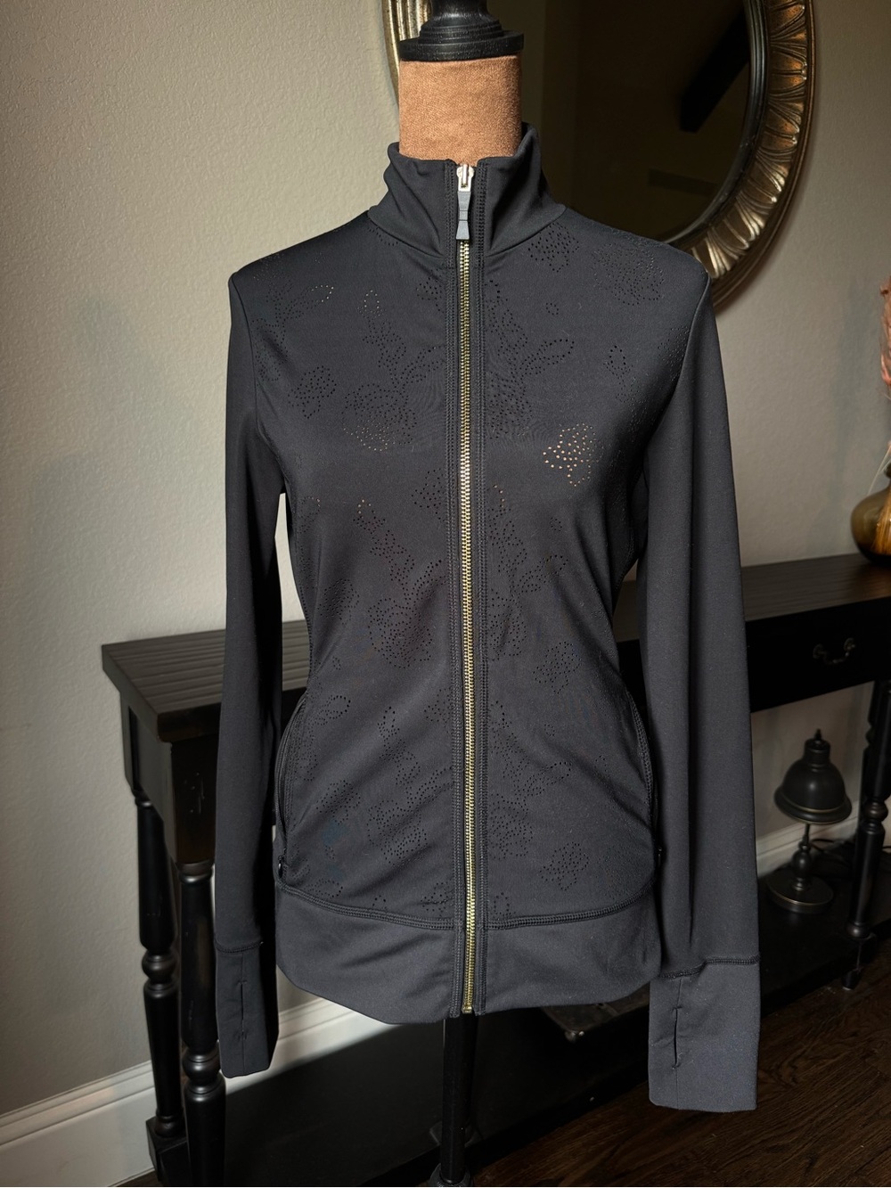 Kate Spade Black Zip-Front Athleisure Jacket Laser Cut Floral Detail Small